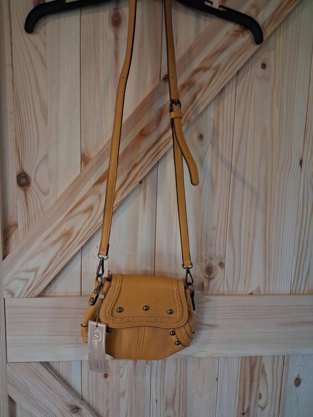 Reviv Vintage Vegan Leather Crossbody Bag Mustard Yellow Boho Braided Studded